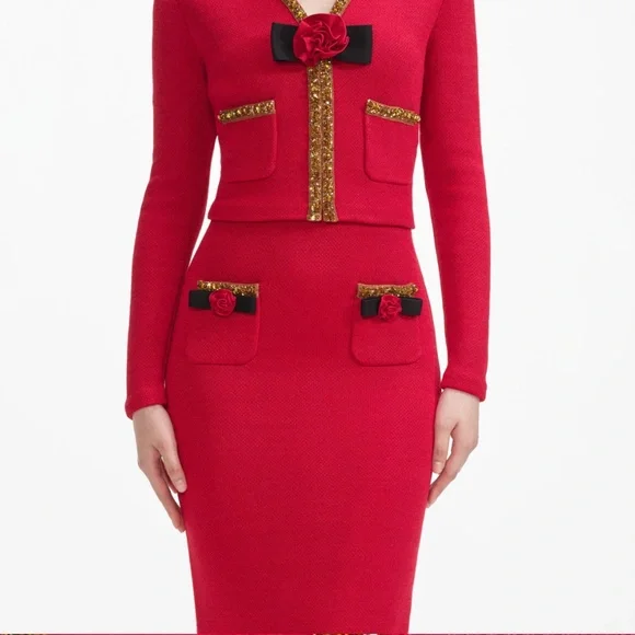 self-portrait Red Textured Knit Corsage Midi Skirt Size Small - MSRP $380 - NWT - Picture 4 of 8